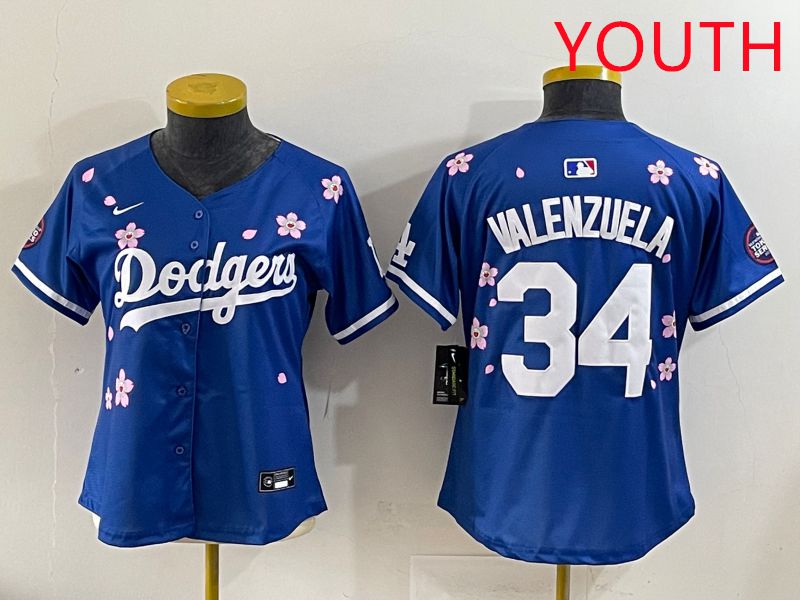 Youth Los Angeles Dodgers #34 Valenzuela Blue Sakura Edition 2025 Nike MLB Jersey style 31->youth mlb jersey->Youth Jersey